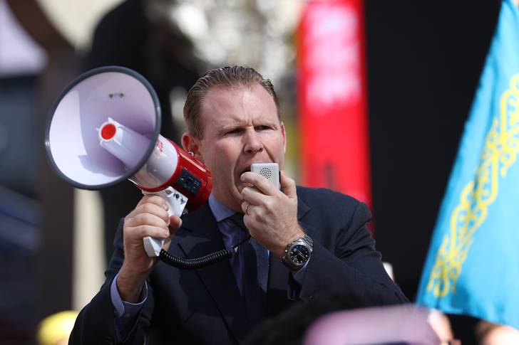 Andrew Giuliani speaks in Times Square at a protest against Russian attacks in Ukraine.